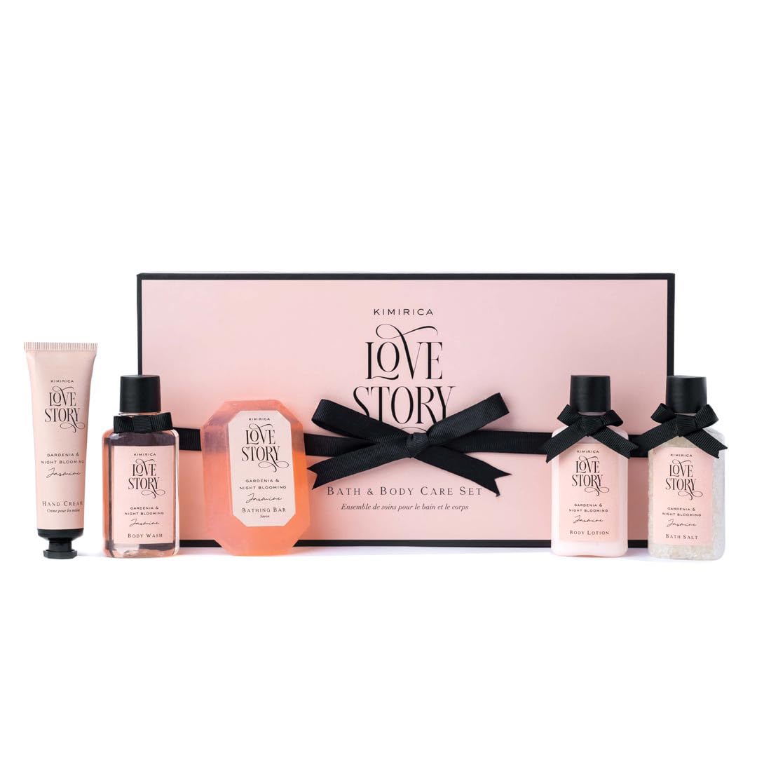 51MWkSY171L._SL1080_ Kimirica Love Story Luxury Bath and Body Care Gift Set Box | Bath Salt, Body Wash, Body Lotion, Bathing Bar and Hand cream | Pack of 5 | For Men and Women | Pampering Kit for Birthday ,Anniversary & All Special Occasions | Premium Gift Packaging 100% Vegan - Image 1