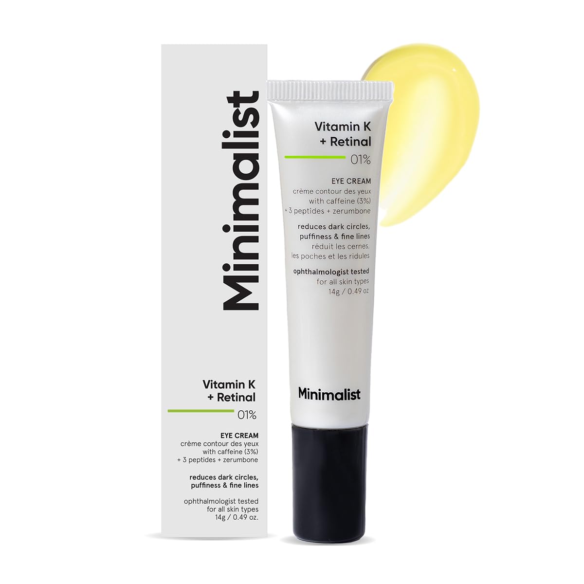51PpJZ9MNfL._SL1200_ Minimalist Vitamin K + Retinal 01% Under Eye Cream | Reduces Dark Circles, Wrinkles & Fine Lines | With Caffeine for Puffiness | For Women & Men | 14 gm - Image 1