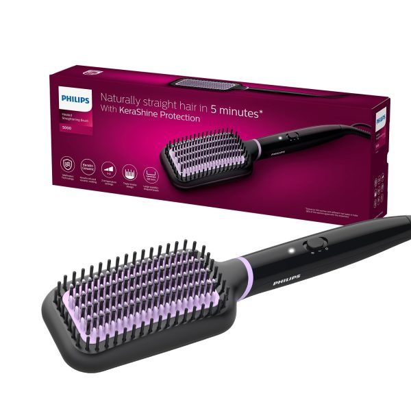 PHILIPS Hair Straightener Brush - Naturally Straight Hair In 5Min* I Style With 2X More Volume and 5X less Frizz | Large Paddle Design for Faster Results | Shiny And Smooth Hair I No Scalp Burns I Keratin Bristles I 2 Temperature Settings (170*C and 200*C) | Swivel Cord | Electric Comb for Women | Gifts for woman | Bhh880/10,Black